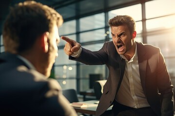 Poster - Two businessmen in suits, one pointing at the other. Suitable for business presentations or discussions