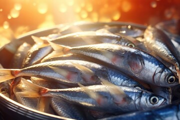 Poster - A bowl filled with fish sitting on top of a table. Suitable for various uses