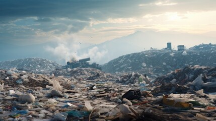 Poster - A mountain of garbage with a dump truck in the background. Perfect for illustrating waste management and environmental issues