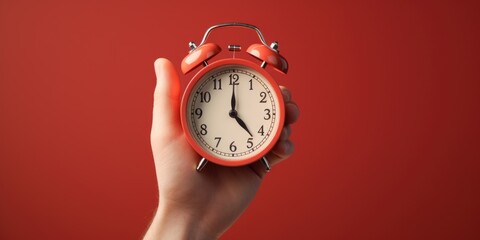 Aufkleber - Hand holding a red alarm clock against a red background. Perfect for time management and punctuality concepts