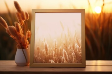 Poster - A picture frame placed on a wooden table. Perfect for showcasing your favorite memories.