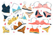 Bundle of female lingerie sets isolated on white background. Collection of elegant undergarments, sexy underwear, bras, bikini and panties for women. Hand drawn colorful flat vector illustrations.