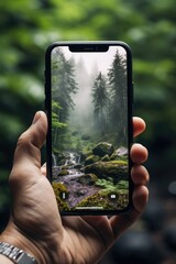 Poster - A person capturing the beauty of nature in a forest. Perfect for photography enthusiasts or anyone looking to capture the essence of the outdoors