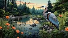 A Heron Stands By A Peaceful River In A Lush Forest At Sunset