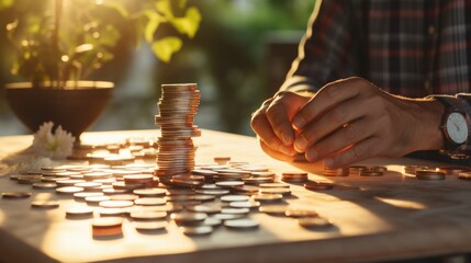 Poster - A person is depicted sitting at a table with stacks of coins. This image can be used to illustrate concepts related to finance, savings, investments, or wealth accumulation