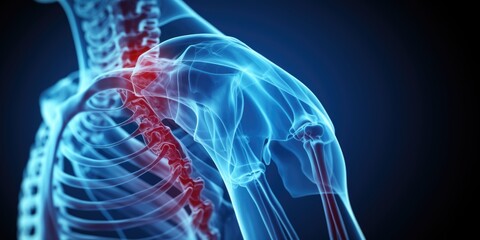 Poster - A skeleton with a distinctive red spine. Perfect for medical or Halloween-themed projects