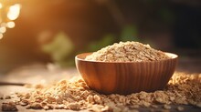 A Wooden Bowl Filled With Oatmeal Sits On Top Of A Table. Suitable For Food And Breakfast Related Concepts