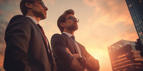 Two men dressed in suits standing in front of a beautiful sunset. Perfect for business, teamwork, and success concepts