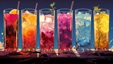 Fototapeta  - kolorowe drinki w wysokich szklankach na blacie i słomkami w środku