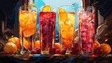 Fototapeta  - kolorowe drinki w wysokich szklankach na blacie i słomkami w środku