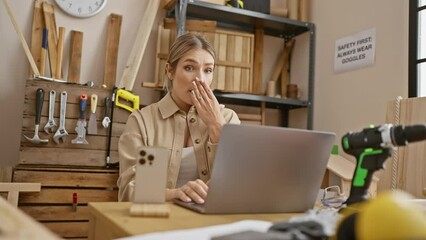 Sticker - Shocked young blonde woman at carpentry covering mouth with hand in fear, surprised expression as she makes a mistake on laptop