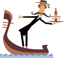 Man riding a gondola. Tray with a bottle and two glasses. Cartoon man in gondola carries a tray with alcohol drink and glasses. Isolated on white background