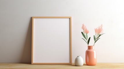 Mock up poster frame in modern interior background. Eco style concept. Light neutral and Peach Fuzz colors