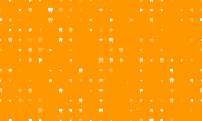 Poster - Seamless background pattern of evenly spaced white tooth symbols of different sizes and opacity. Vector illustration on orange background with stars