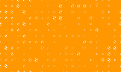 Poster - Seamless background pattern of evenly spaced white football symbols of different sizes and opacity. Vector illustration on orange background with stars