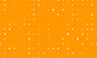 Poster - Seamless background pattern of evenly spaced white slice of pizzas of different sizes and opacity. Vector illustration on orange background with stars