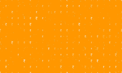 Poster - Seamless background pattern of evenly spaced white indian rupee symbols of different sizes and opacity. Vector illustration on orange background with stars