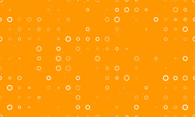 Poster - Seamless background pattern of evenly spaced white circle symbols of different sizes and opacity. Vector illustration on orange background with stars
