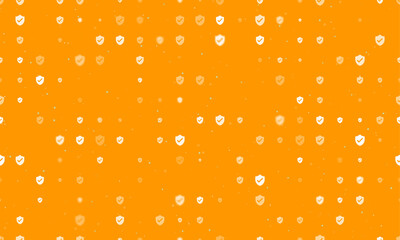 Poster - Seamless background pattern of evenly spaced white protection mark symbols of different sizes and opacity. Vector illustration on orange background with stars