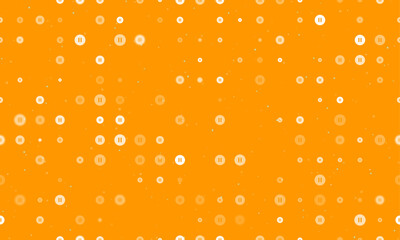 Poster - Seamless background pattern of evenly spaced white pause symbols of different sizes and opacity. Vector illustration on orange background with stars