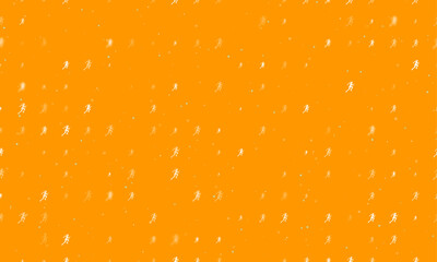Poster - Seamless background pattern of evenly spaced white running woman symbols of different sizes and opacity. Vector illustration on orange background with stars