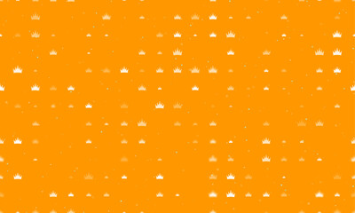 Poster - Seamless background pattern of evenly spaced white crown symbols of different sizes and opacity. Vector illustration on orange background with stars
