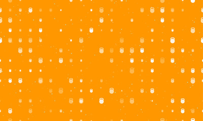 Poster - Seamless background pattern of evenly spaced white sports weight symbols of different sizes and opacity. Vector illustration on orange background with stars
