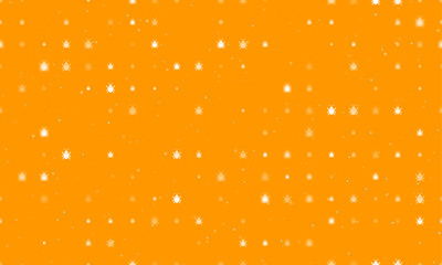 Poster - Seamless background pattern of evenly spaced white bug symbols of different sizes and opacity. Vector illustration on orange background with stars