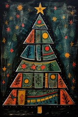 A christmas tree card art brut style illustration