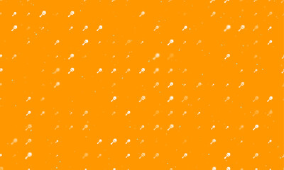 Poster - Seamless background pattern of evenly spaced white baby rattle symbols of different sizes and opacity. Vector illustration on orange background with stars
