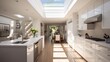 A sleek white kitchen with a stunning skylight and a modern dining area. Generative AI.