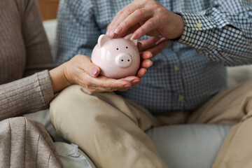 Wall Mural - Saving money investment for future. Senior adult mature couple hands putting money coin in piggy bank. Old man woman counting saving money planning retirement budget. Saving investment banking concept