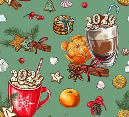 seamless patterns festive composition inscription with gingerbread 2024 year, Christmas composition with cookies. Hand drawn composition with cinnamon, citrus and pine branches