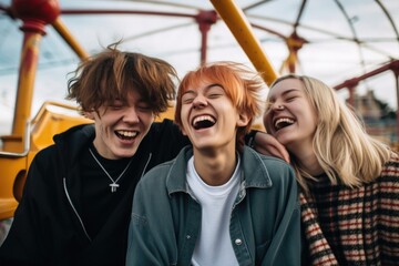 Canvas Print - Three joyful young people laughing and having fun at an amusement park. Generative AI.