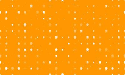 Seamless background pattern of evenly spaced white spirit ball symbols of different sizes and opacity. Vector illustration on orange background with stars