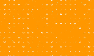 Poster - Seamless background pattern of evenly spaced white butterfly symbols of different sizes and opacity. Vector illustration on orange background with stars
