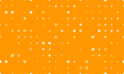 Poster - Seamless background pattern of evenly spaced white milling disc symbols of different sizes and opacity. Vector illustration on orange background with stars