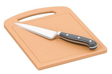 Fototapete - Wooden cutting board with knife, 3D rendering isolated on transparent background