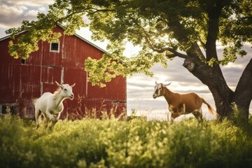 Sticker - A couple of goats standing on top of a lush green field. Generative AI.