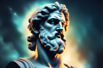 Illustration of a Renaissance statue of Zeus, king of the gods. god of sky and thunder. Zeus the king of the Greek gods ready to hurl lightning bolts down upon the earth and mankind.