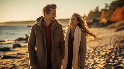 a lively couple, two people laughing exuberantly. A beautiful autumnal baltic beach in the background. sand is glowing golden. sunny autumn day in october. diffuse sunlight. generative AI