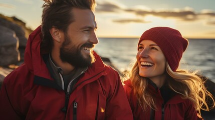 Wall Mural - a lively couple, two people laughing exuberantly. A beautiful autumnal baltic beach in the background. sand is glowing golden. sunny autumn day in october. diffuse sunlight. generative AI