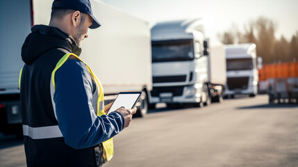 A truck driver consulting a map on a tablet, Truck driver, blurred background, with copy space