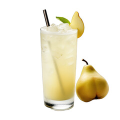 Wall Mural - A Ginger Pear Collins in a Collins Glass Garnished With a Pear Slice. The Drink Is a Pale Yellow Subtly Sweet With a Ginger Zing.. Isolated on a Transparent Background. Cutout PNG.