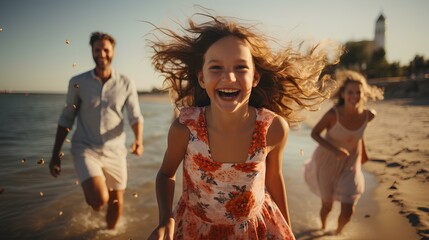 Wall Mural - a family laughing exuberantly. A beautiful summer baltic beach in the background. sand is glowing golden. sunny summer day. diffuse sunlight. generative AI