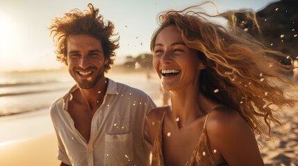 Poster - a lively couple, two people laughing exuberantly. A beautiful summer tropical beach in the background. sand is glowing golden. sunny summer day. diffuse sunlight. generative AI