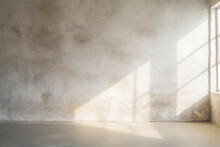 Shadow On White Concrete Wall In The Room From Window With Morning Light, Texture Background.