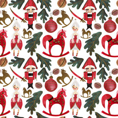  Nutcracker and nuts. Seamless watercolor pattern for New Year and Christmas wrapping paper. Vintage style gifts for children under the Christmas tree.