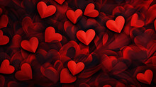 Valentines Day Background With Red Heart Cut Outs. Abstract Red Hearts On Dark Background