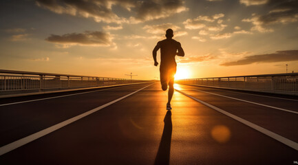 dramatic sunset over road at countryside with blurred running man.